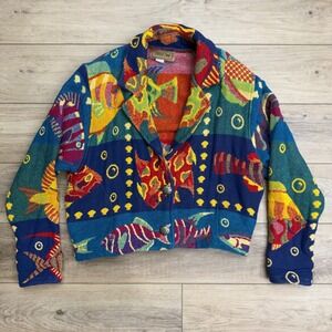 Painted Pony Tapestry Jacket Medium Rainbow Aquarium Fish Print Blazer Vintage